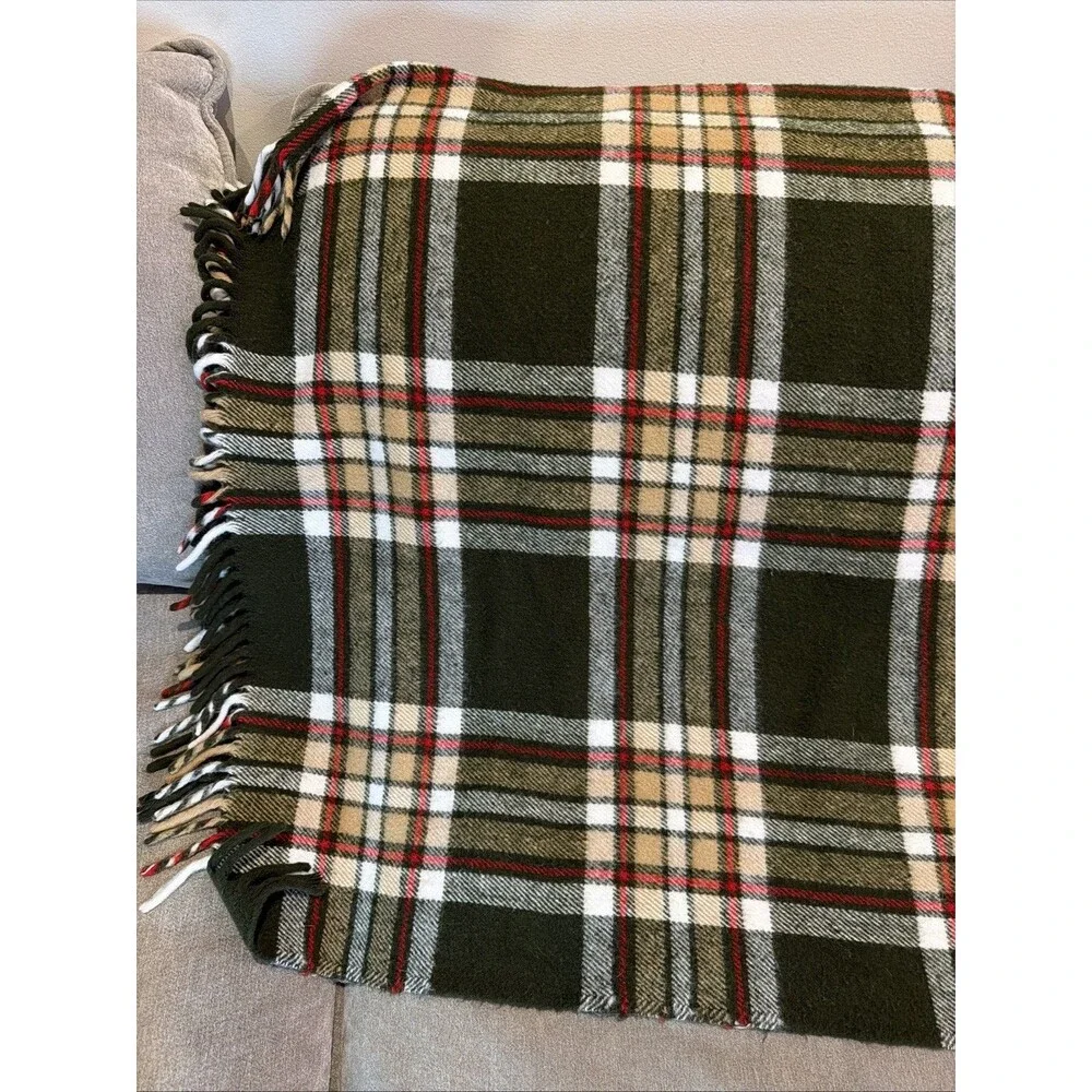 Faribo Wool Throw Blanket Brown White Red Plaid Fringe 57 inches x 43 inches VTG